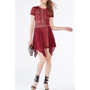 BCBGMaxAzria Burgundy Asymmetrical Lace Dress